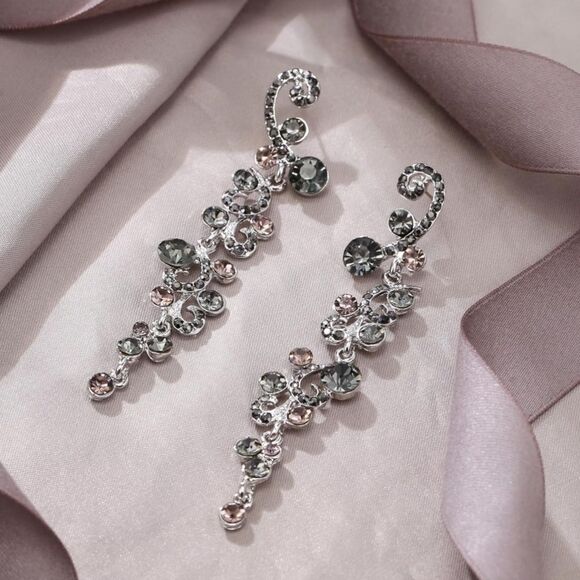 Silver with Gray and Champagne Austrian Crystal Wave Statement Post Earrings - Picture 2 of 4